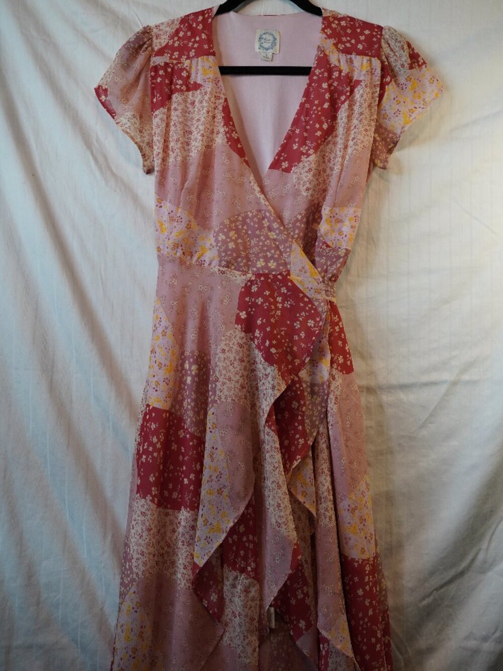 Blue Rain Madonna Floral Patchwork Wrap Dress Sz S Hi-Lo Ruffle Boho